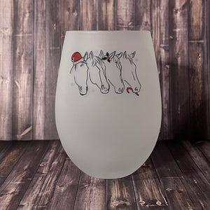 Frosted Stemless Wine Glass - 4 Horse Head Design Holiday