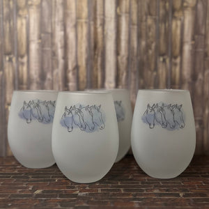 Frosted Stemless Wine Glass - 4 Horse Head Design Watercolor