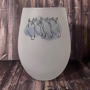 Frosted Stemless Wine Glass - 4 Horse Head Design Watercolor